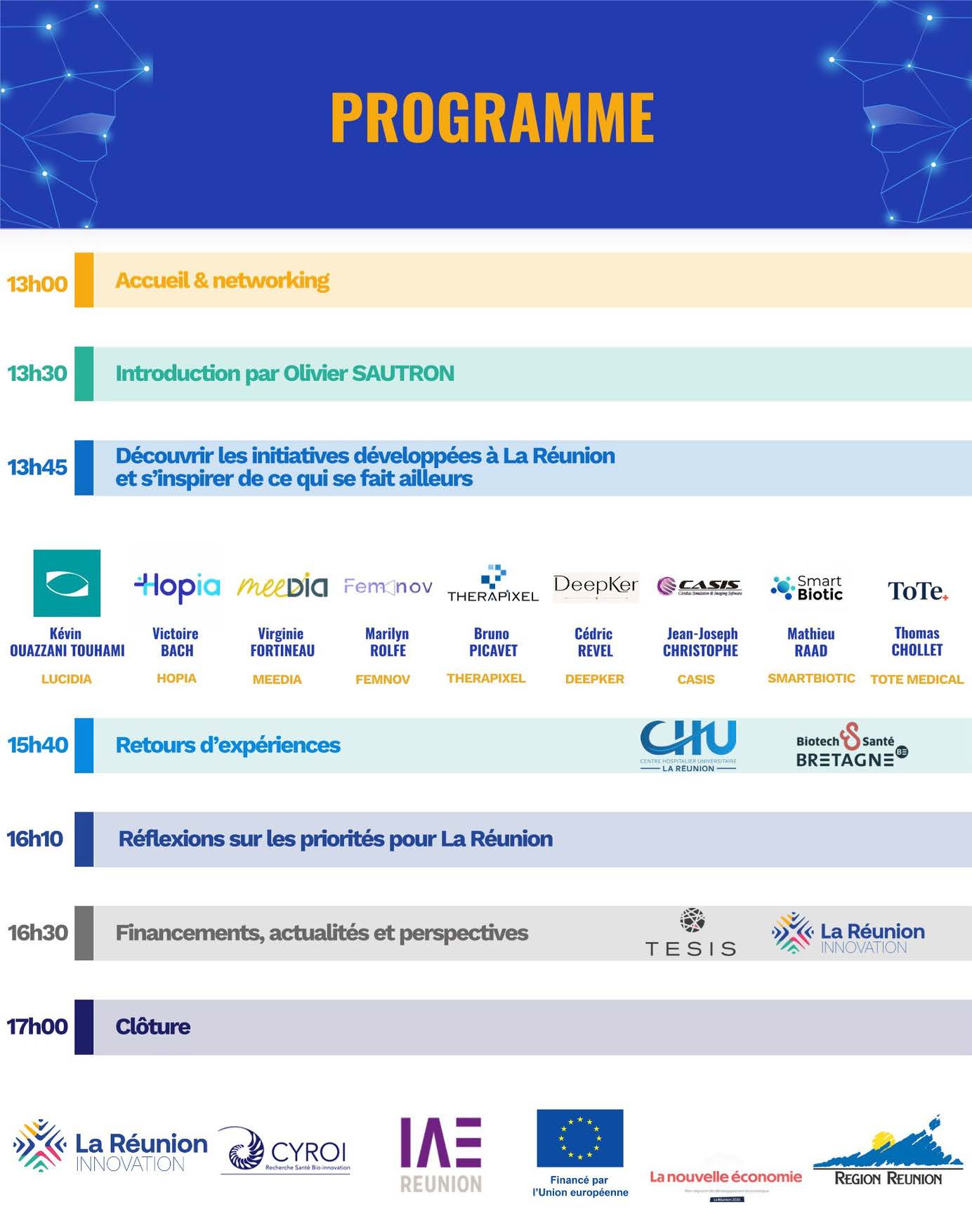 Programme détaillé de la rencontre IA & Santé à La Réunion, le 21 septembre 2026 : accueil, introduction, table ronde avec intervenants, retours d'expérience, réflexions sur les priorités et clôture